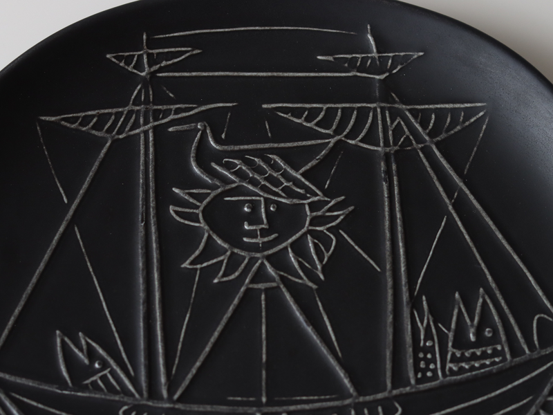 Gustavsberg （グスタフスベリ） Stig Lindberg（スティグ・リンドベリ） Piazza（ピアッツァ） 19.5cm plate black ship │ 北欧 スウェーデン ヴィンテージ プレート 船 陶磁器